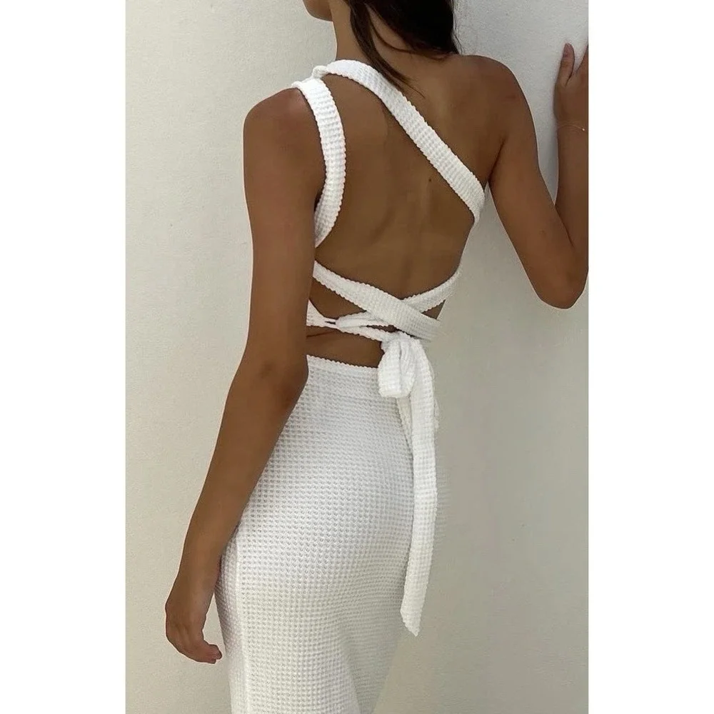 Sabo Strappy Backless Carolina Dress Small White NWT  Minimalist Resort Stretch